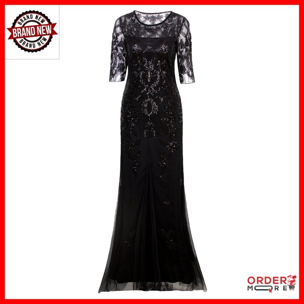 Long Sequin Formal Evening Gown 2/3 Sleeve Prom Wedding Dress